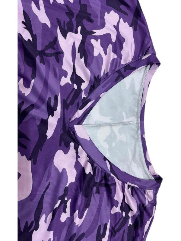 Plus Size Camo Print Pocket Tee Dress, Casual V Neck Batwing Sleeve Short Dress for Summer, Women's Plus Clothing for Daily Wear