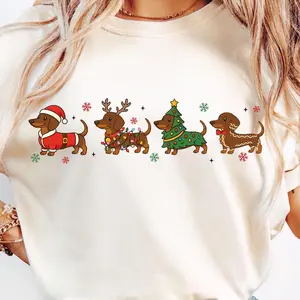 Cute Christmas Dachshund Tshirt, Trendy Holiday Dog Tee, Funny Christmas Shirt, Retro Holiday Dog Shirts Cotton Top Womenswear