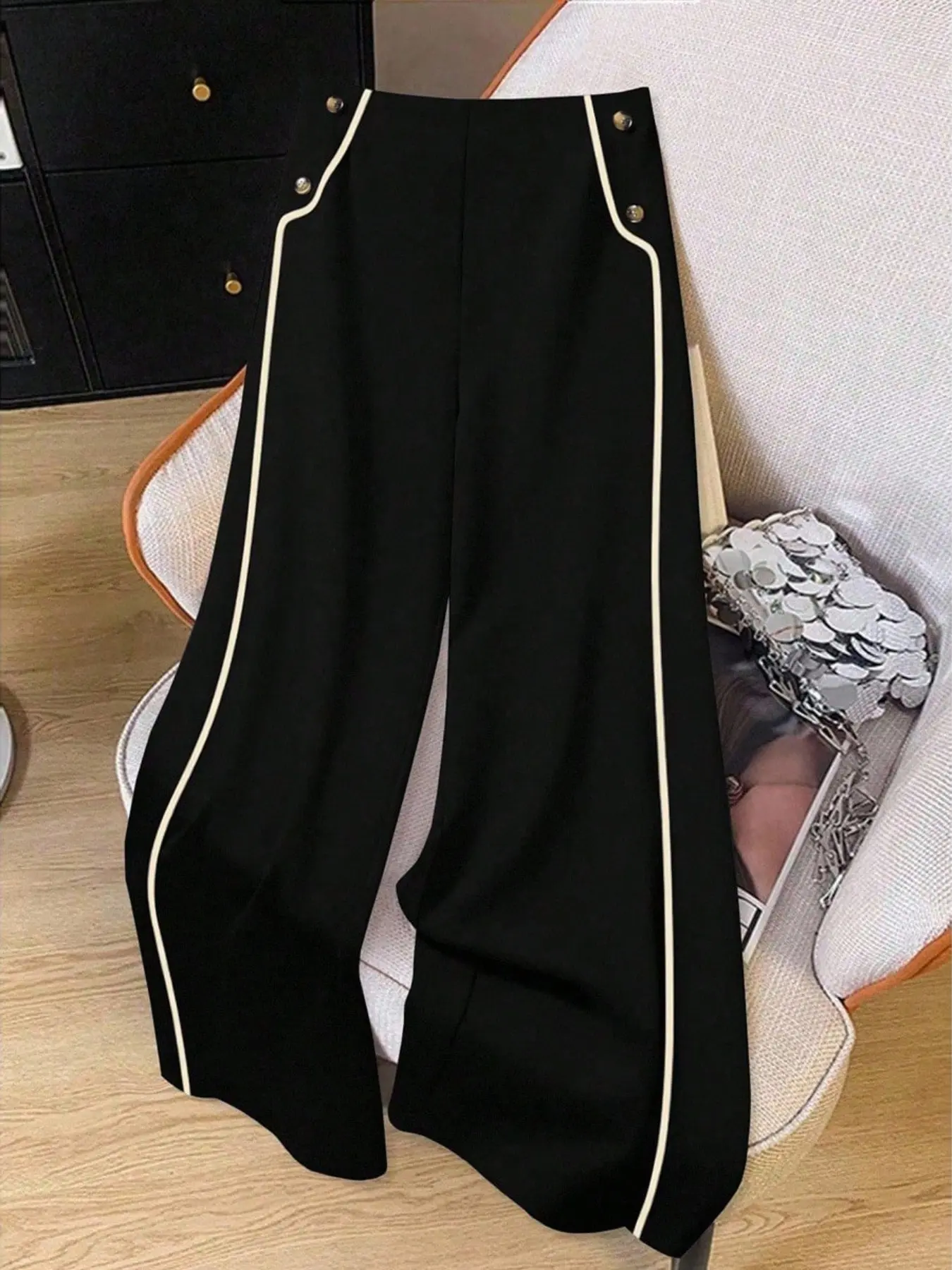 Plus Size Women's Wide Leg Striped Pants Womenswear with High Waist Side Stripes and Gold Buttons, Soft Draping Fabric for Chic Elegant Aesthetic Casual Wear Fit, Casual Commuter Pants, All Season Trousers