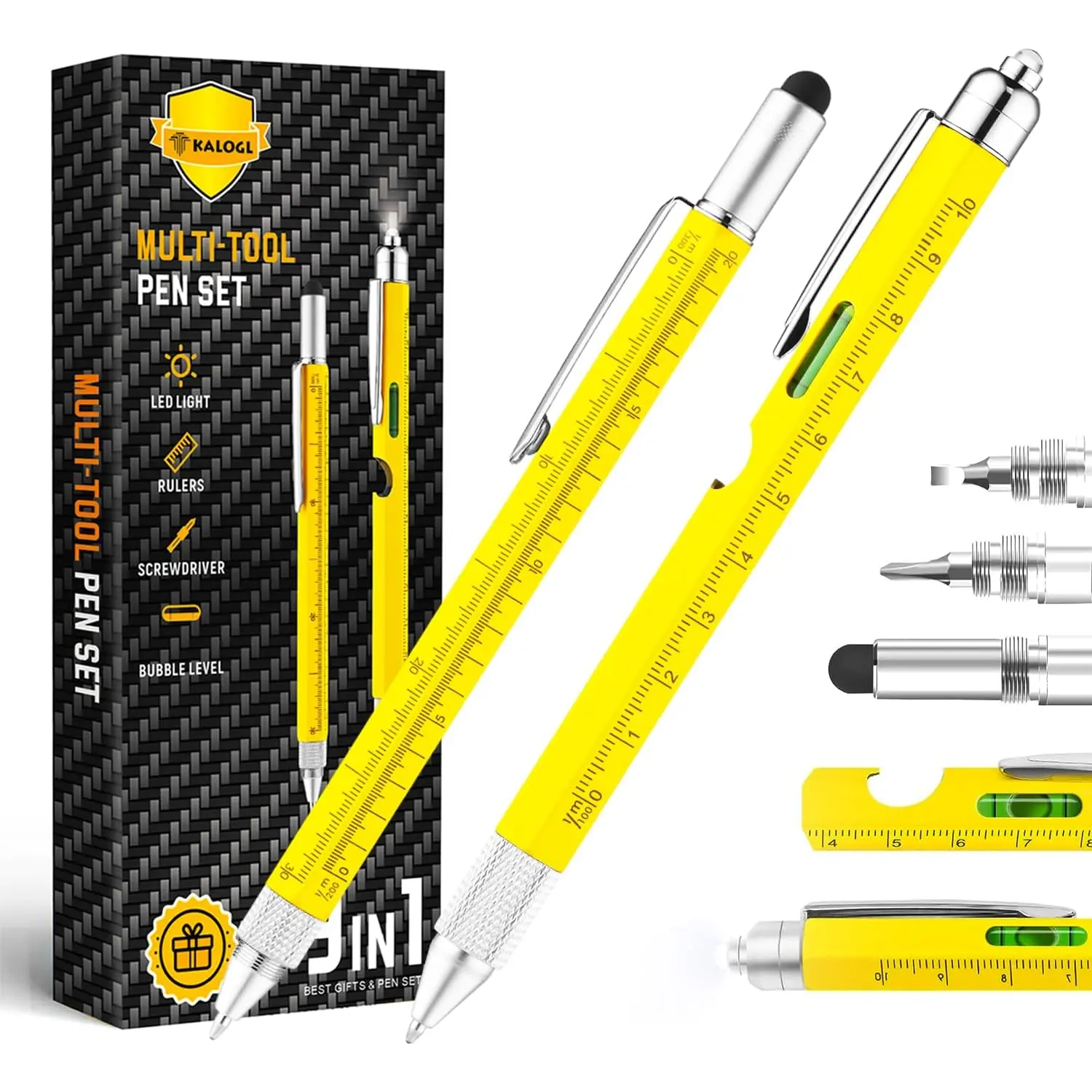 Gifts ,2 Pack Multitool Pen,Multi-Tool Pen with [Stylus, Ballpoint Pen, 6 Refills, 4" Ruler, Level, Phillips Screwdriver, Led] (Yellow) Kalogl-Multitool 01