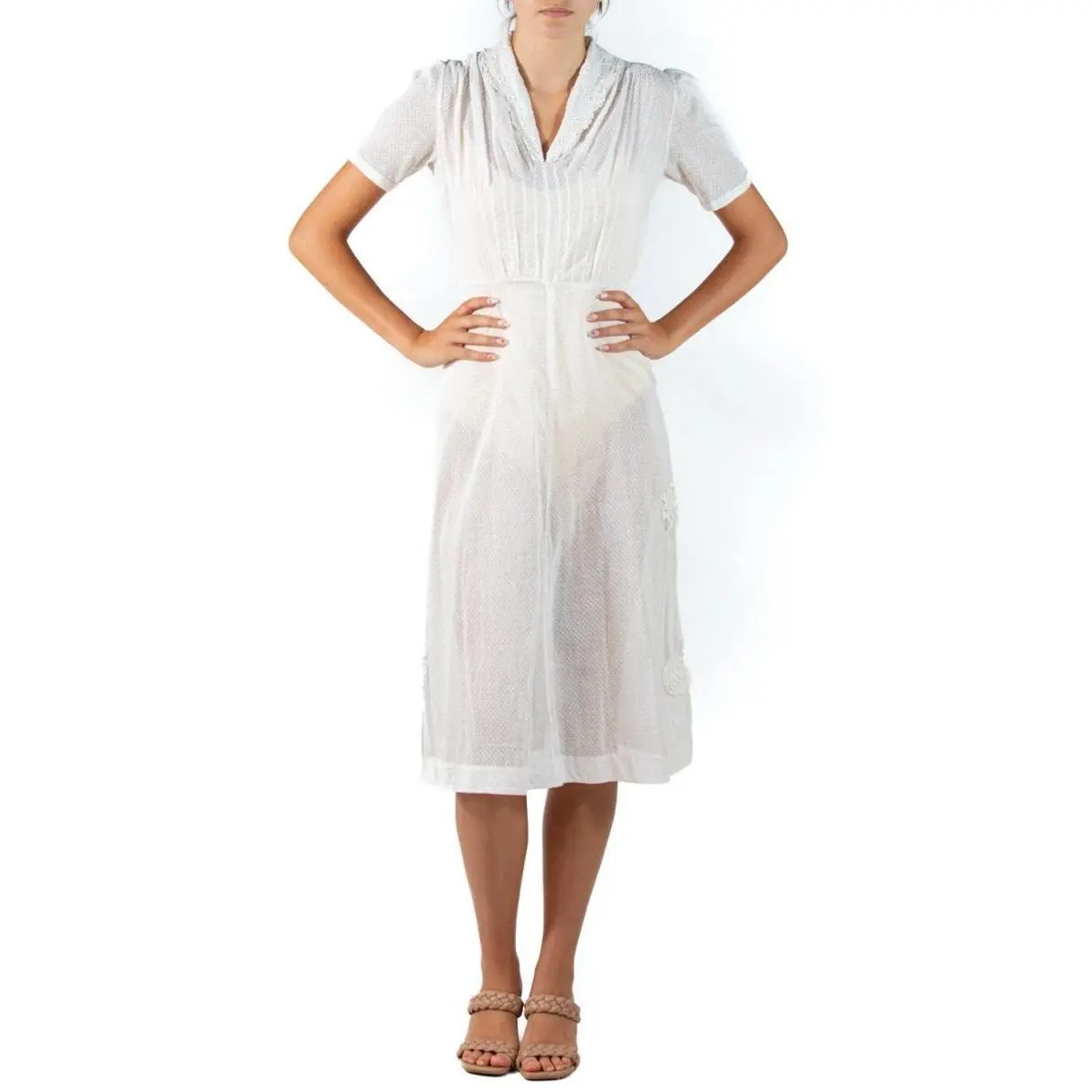 1930S White Bias Cut Organic Cotton Dress With Hand-Made Irish Crochet Lace