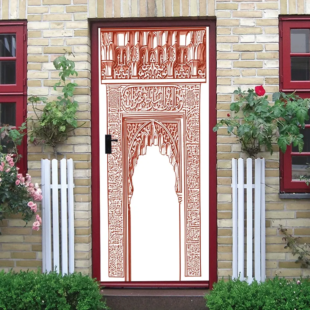 2pcs   Arabic Style Decorative Door Wall Sticker with Classic Islamic Architectural Patterns, Geometric Designs and Arabic Calligraphy Elements, Self-Adhesive Material for Easy Application on Living R