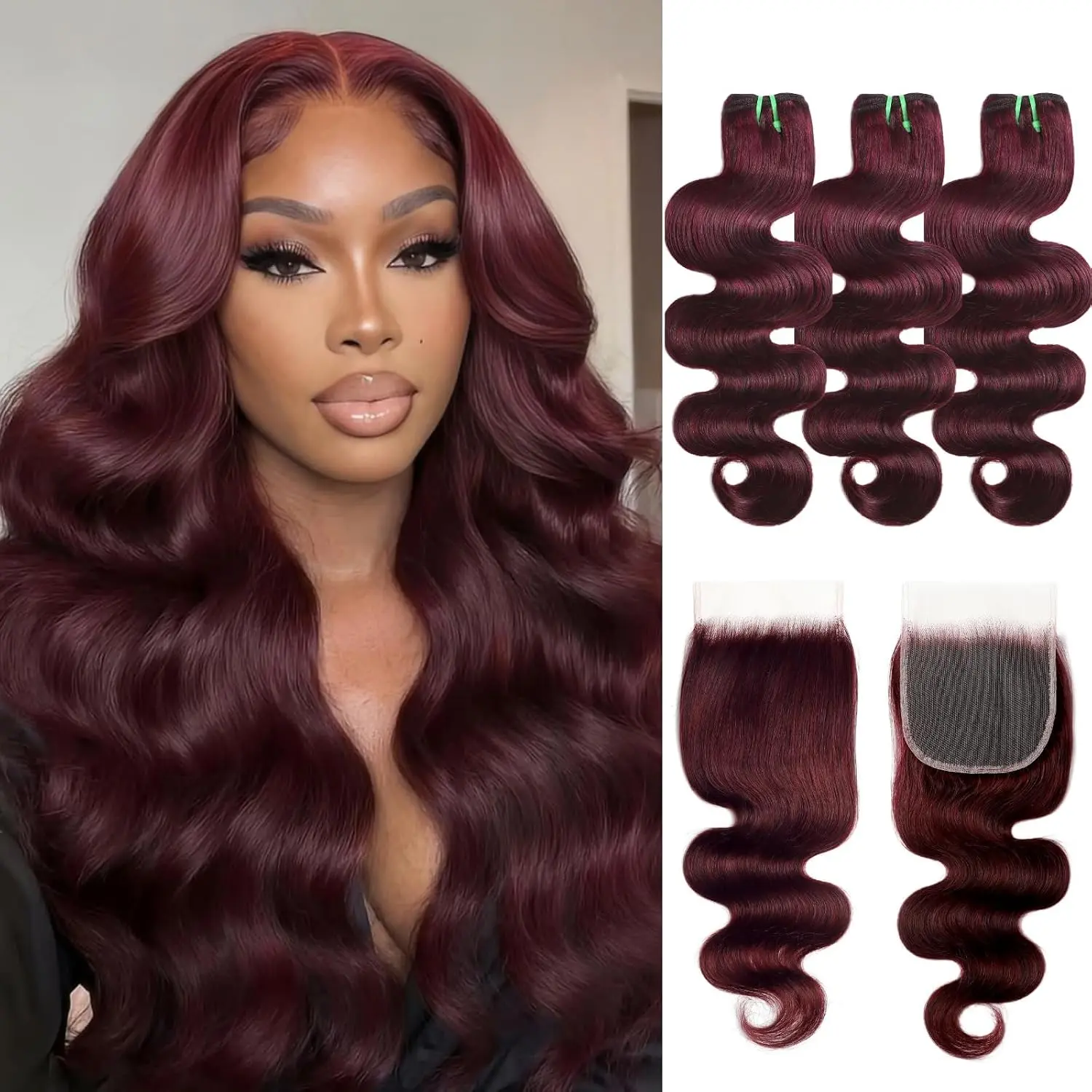 Double Drawn Dark Burgundy Human Hair Bundles with HD Lace Closure, 13A 100% Raw Hair Body Wave #99J Wine Red Colored 3 Bundles with HD Transparent Lace Free Parting