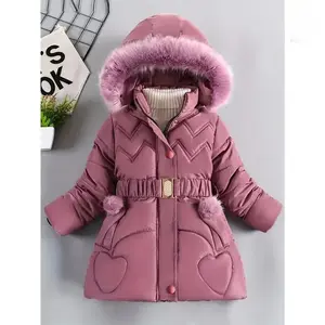 Autumn Winter Girls Coat Keep Warm Thicken Kids Jacket Hooded Zipper Princess Outerwear Children Clothing with Belt in Pocket, Seasonal Kids Wear, Cold Weather Coat, Stylish Children Coat, Filling, Cozy Winter Wear, Belted Jacket, Schoolage Kids, Chil
