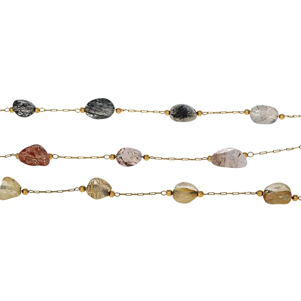 JTV Beaded Chains Set of 3 - Golden, Tourmalated and Rutilated Quartz Beads on 18 karat Gold Over Stainless Steel Chains for DIY Jewelry Making