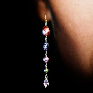 Jewelry Designs by Brandy Frazier Handmade Beaded Wire Wrapped Earrings with Gold Plated Findings A unique combination of iridescent purple glass, lavender bugle beads, green and purple glass pearl beads and  purple green seed beads.