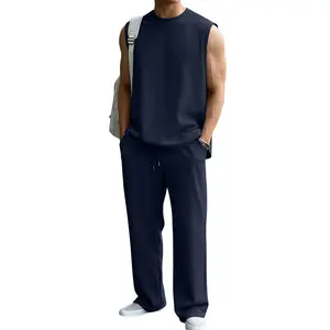 JMIERR Mens 2 Piece Rib Knit Sweatsuit Summer Sleeveless Tank Top Baggy Wide Leg Pants Set Vacation Beach Outfit for Men