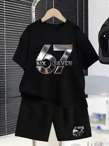 Cool Style Metal Number 67 Set, Personalize Your Child's Summer Look, Fitted Casual All over Print, Perfect for Kids' Fashion, Matching Set, Summer Clothing Set