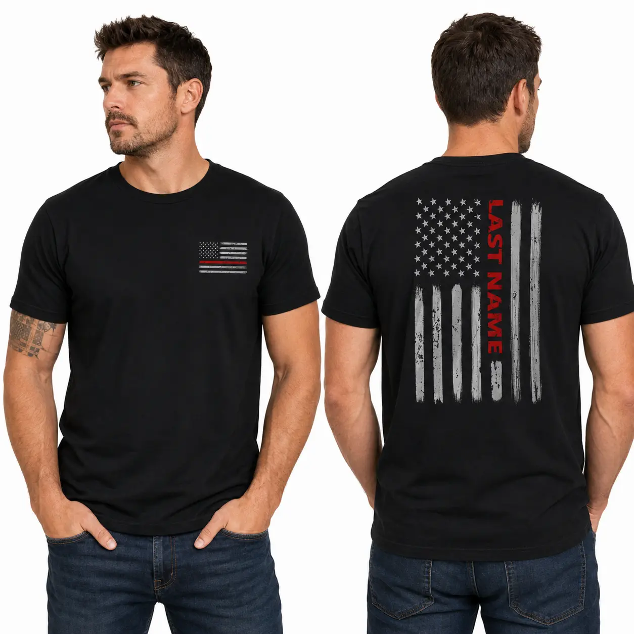 [Custom Last Name] Firefighter Shirt, Thin Red Line Tee, American Flag Fire Department Shirt, First Responder Gift, FDNY Tribute Gift, Unisex Cotton Tee, Gift for Him - Her