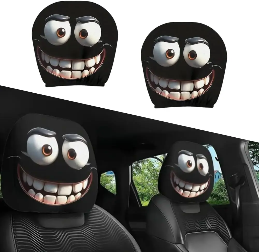 2Pcs Car Headrest Covers, Halloween Scary Eyes Car Headrest Covers, Soft Fabric Breathable Seat Protector, Spoof Face Seat Head Rest Cover Protector for Most Cars,Trucks, SUV Models