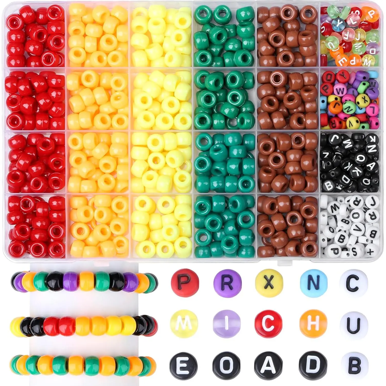 500-Count Synthetic 10-Color Fall Pony Beads Set, Bulk DIY Mix Beads for Friendship Bracelet Crafting, Beading Making Kit (Red, Orange, Yellow, Green, Brown)