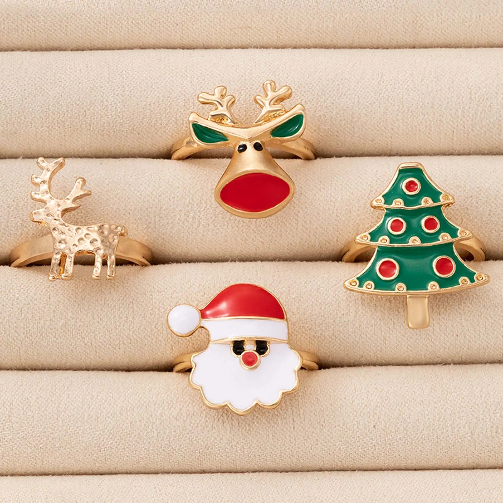 Minimalist Christmas-Themed Ring Set, 4-Piece Adjustable Charm Jewelry for Holiday Cheer with Santa, Tree, and Reindeer Figures, Bell, Adjustable Accessories, Fine Detailing, Unisex, Adults, Daily, Jolly Figure, Santa Claus Figure