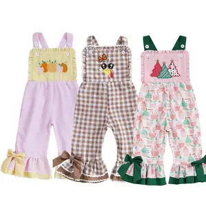 Toddler Baby Girl Thanksgiving Halloween Christmas Outfit Sleeveless Turkey Pumpkin Suspender Overalls Pants Christmas Tree Flared Bell Bottoms Romper Jumpsuit