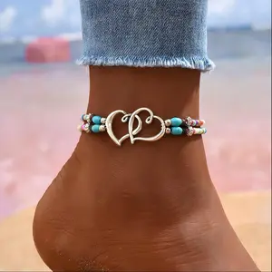 4-piece Bohemian-style beaded anklet set - multi-color sparkling beloved jewelry, with adjustable elastic cords, mini seed beads, hollow double-heart design, suitable for party gifts and casual wear, vintage style, bohemian style tarnish proof