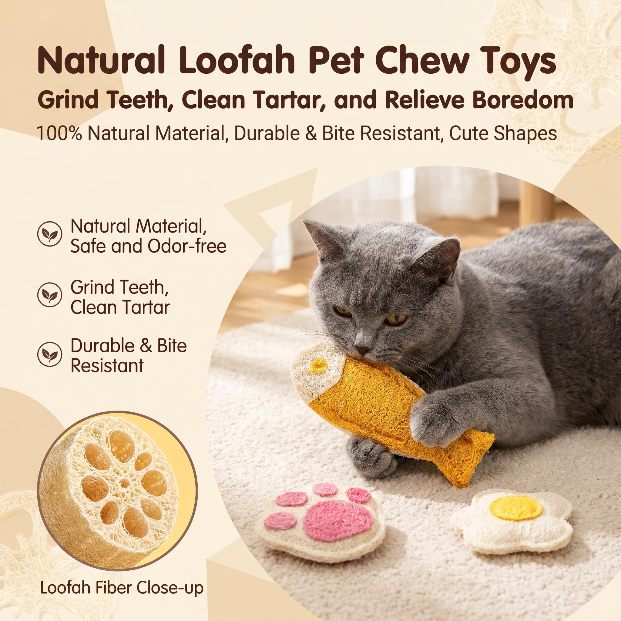 Eco-Friendly Loofah Pet Chew Toy with Catnip - Bite Resistant, Deep Dental Care, Cleans Tartar, Plaque Removal, Fresh Breath, Stress Relief, Digestion Aid, Fish/Egg/Paw Shapes, Interactive Toy for Cats, Kittens, Dogs, Puppies