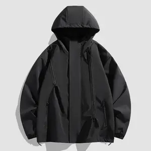 Men's Hooded Multi-Zipper Workwear Jacket Trendy Outdoor Coat with Adjustable Hood and Durable Zippers for Comfort Menswear Tops Casual Black