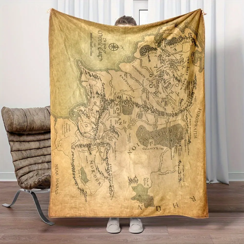 Vintage Middle-Earth Fantasy Flat Map Print Flannel Throw Blanket - Soft Flannel Fabric, Ringwraith Design, Cozy Warm, Ideal for Living Room Collectors