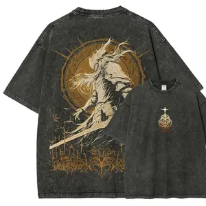 Retro Washed Black Oversized T-Shirt, Medieval Armored Warrior & Mystical Symbol Print Casual Short Sleeve, Unisex Streetwear for Men & Women, Loose Fit for Outdoor & Daily Wear