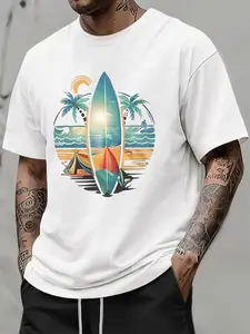 Men's Surfing Beach Print T-Shirt - Hawaiian surfboard, palm tree, and wave pattern paired with teal ocean color blocks - Gray summer casual short-sleeve crew neck shirt, suitable for surfing, vacations, and everyday wear - Couple's style