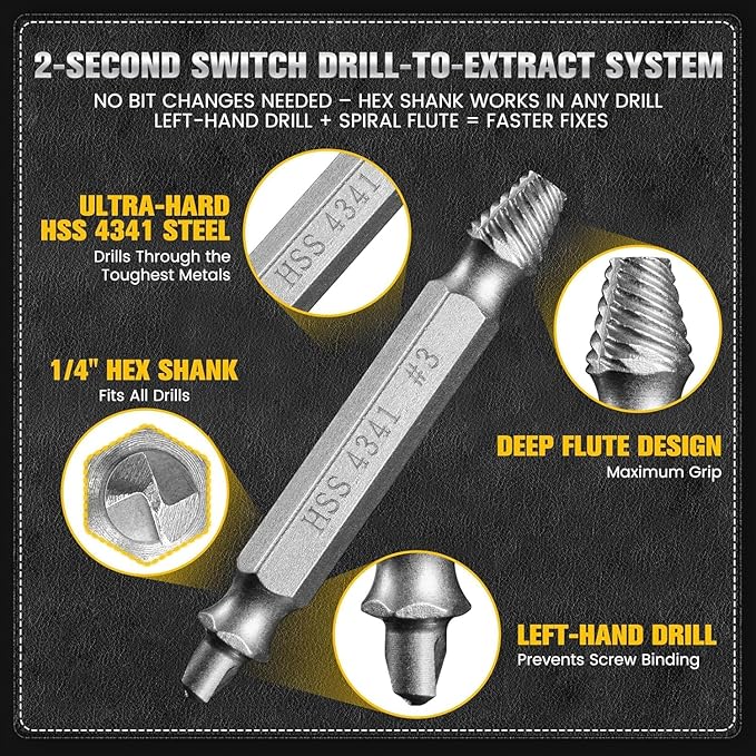 6 Pcs Damaged Screw Extractor Set, Professional Grade Stripped Screw & Broken Bolt Remover Kit with Case, Hardened Steel Easy-Out for Rusted Stuck Stripped Screws, Fits Drill & Hand Tools for DIY Automotive Plumbing Repair