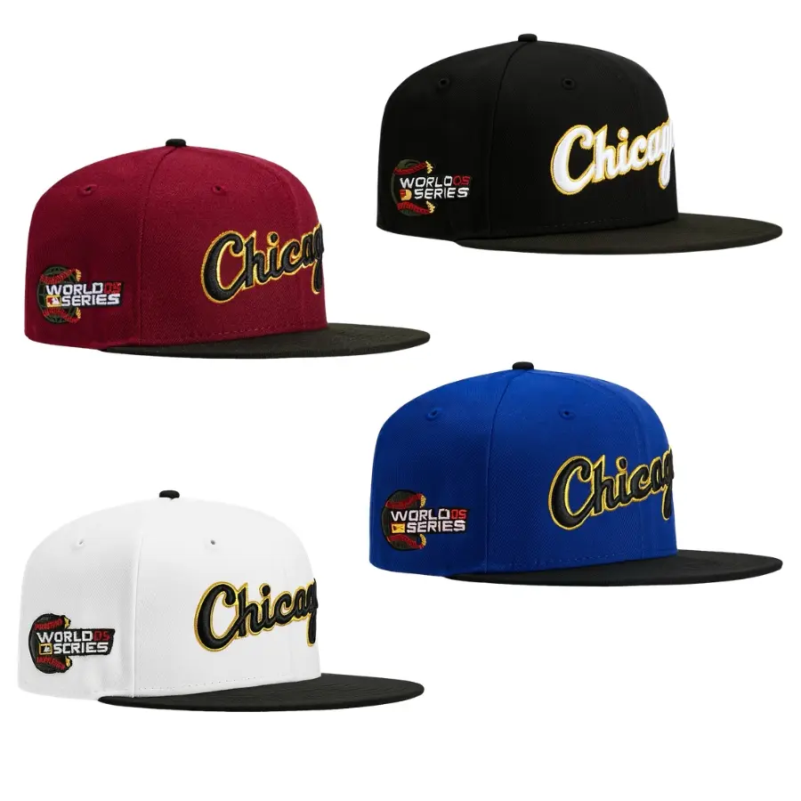New Era Chicago White Sox Snapback Cap Chicago Script World Series 2005 Side Patch MLB Baseball Hat Adjustable Flat Brim Black White Blue Burgundy Embroidered Logo Streetwear Hip Hop Unisex Limited Edition Collection