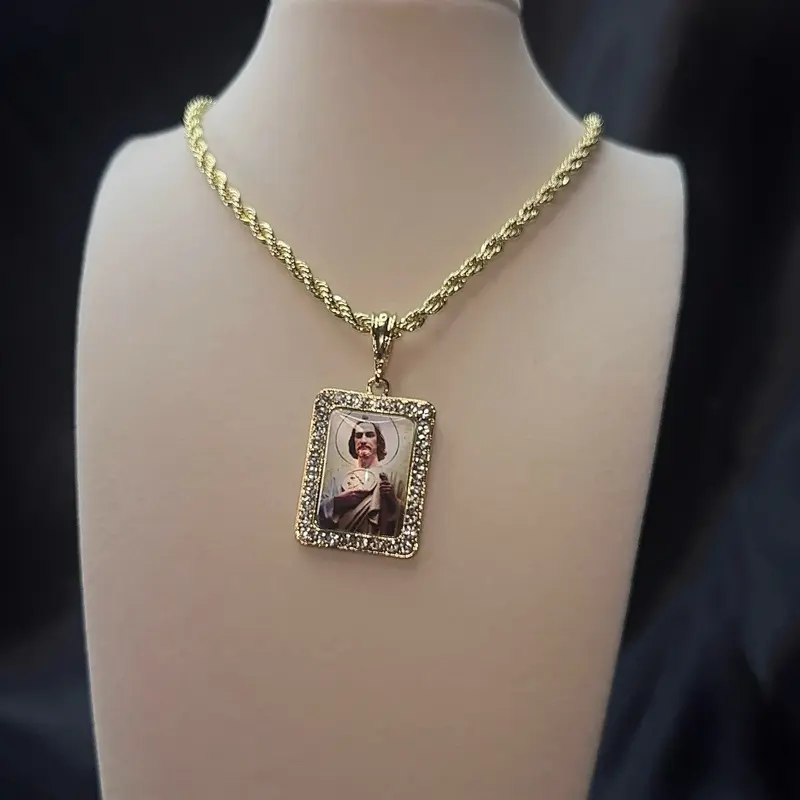 Gold-Tone 24in Rope Chain Religious Decor Necklace, Square Pendant with Detailed Artwork Gold-Plated Amulet, Religious Jewelry Gift, Statement Necklace, Statement Religious Necklace