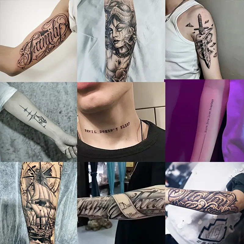 Large Herbal Fake Tattoo Stickers - 9 Designs (Floral, Letter, Medusa, Dagger, Sailboat, Wolf), 7-15 Days Long-Lasting, Waterproof, Wear-Resistant, Realistic, Ideal for Pain-Averse Non-Tattoo Seekers Who Prefer Painless Options, Painless Tattoos