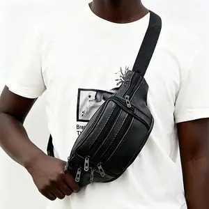Black Leather Fanny Pack for Men & Women, Fashionable Multi-Pockets Waist Belt Bag for Travel Sports Hiking Cycling Fishing Running