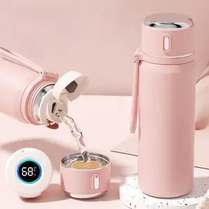 Vacuum Flask Thermo for Hot Drinks with Cup Stainless Steel Coffee Thermo with Handle Thermal Water Bottle Travel Mug with Locking Lid Insulated Tumbler for Tea 18.6 Oz/550ML