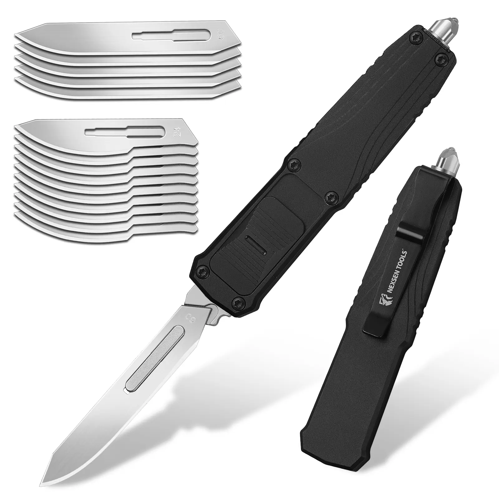 NEXSEN Aluminum Alloy Handle EDC Utility Cutter,Retractable Pocket Tool with Replaceable Blades,Lightweight Metal Body Box Cutter with 15PCS Extra Blades (Black)