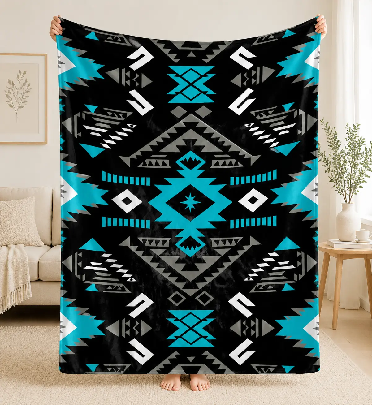 Boho Southwestern Blanket, Black & Turquoise Aztec Geometric Throw Blanket, Cozy Soft Fleece Blanket for Couch, Bed, Living Room Decor, Camping & Gift Ideas
