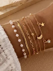 6pcs Piece Creative Chain Pearl Stacking Bracelet Set, Round Bead Twisted Metal Feel Jewelry, Boho Style, All Seasons Accessory