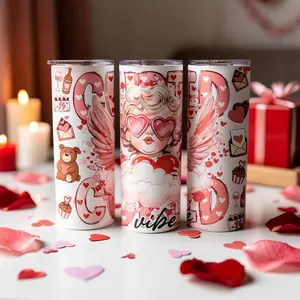 Cupid Vibe Valentine Skinny Tumbler 20oz Insulated Stainless Steel, Cute Cupid Angel Heart Design Love Theme Travel Cup, Valentine’s Day Gift for Her Girlfriend Wife, Reusable Cold Drink Coffee Tumbler with Lid & Straw