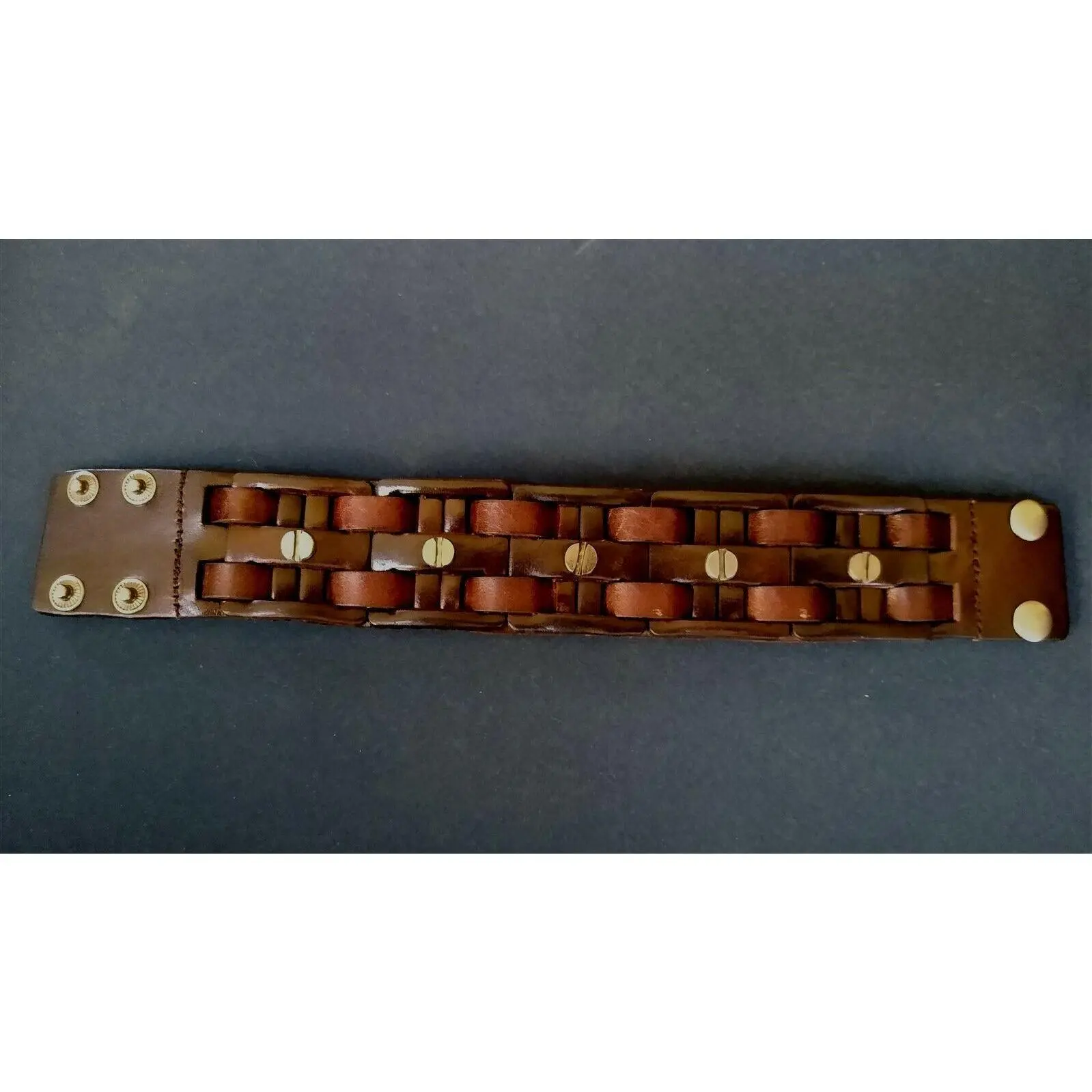 Wide Brown Leather Cuff Bracelet for Men, 1.5" Studded Design with Stitching & Stainless Steel Nails, Adjustable 9" Size, Individually Packaged, Wide Cuff, Adjustable Size, 1.5 Inches Wide