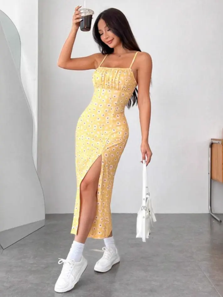 Women's Casual Light Smooth Polyester Sleeveless Sunflower Print Sheath Long Dress, Stylish Design, Style, Soft, Breathable, Slip, Lightweight, Piece, Comfortable, Everyday, Floral, Sheath Cut, Full Length, Long Length, Easy To Love
