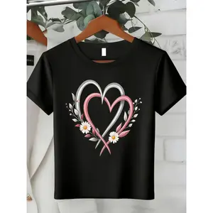 Women Plus Size T Shirt Pink Floral Hearts Relaxed Fit Casual Top Spring Summer Fall Wardrobe Essential winter clothes trench coat