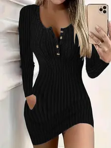Women's Plain Knit Button Front Pocket Bodycon Dress, Elegant Long Sleeve Round Neck Short Dress for Spring & Fall, Women's Clothing for Daily Wear