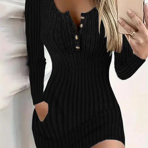Women's Plain Knit Button Front Pocket Fitted Bodycon Dress, Elegant Chic Long Sleeve Round Neck Short Dress for Spring & Fall, Women's Clothing for Daily Casual Everyday Wear, Dresses With Sleeves