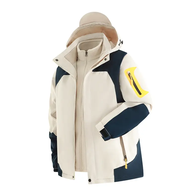 Men's Fitted 3-in-1 Hooded Colorblock Fleece-Lined Long Sleeve Mountaineering Jacket - Pull-On Casual Outdoor Warm Polyester Coat with Zippered Design, Menswear Tops (Care Note: Do Not Dry Clean), Stylish