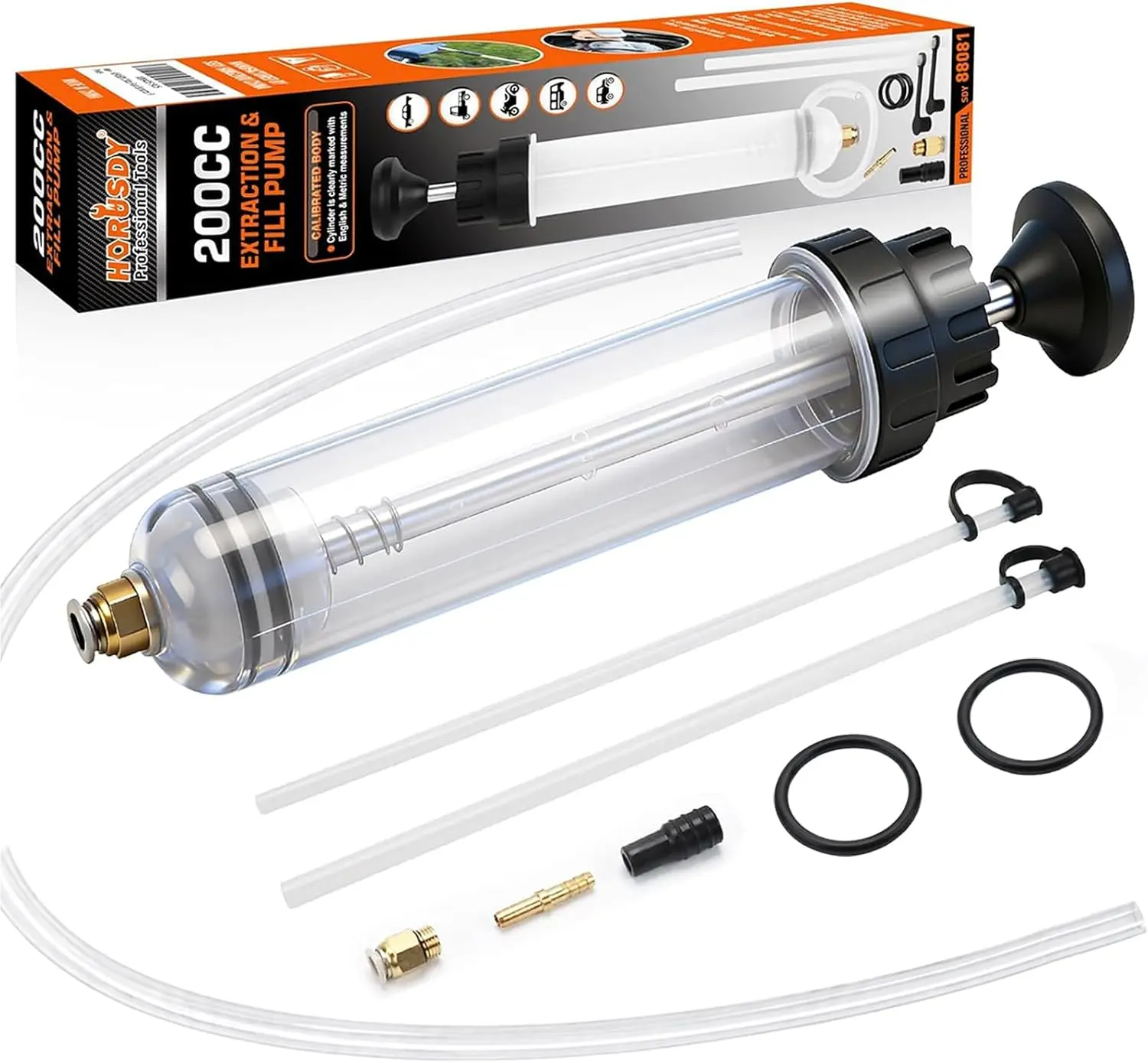 HORUSDY 200cc Fluid Extractor Syringe Oil Pump, Fluid Evacuator with 23" Flexible Hose, 12" Fine & Coarse Hoses, for Automotive, Motorcycle, Marine & Equipment Maintenance (9PCS)