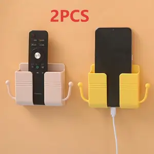 2PCS Mobile phone holder mounted on self-adhesive wall, wall-mounted mobile phone holder with hook and cable clip, wall-mounted mobile phone holder with charging plug and wall regulator, remote control suitable for kitchen and living room, (random colors)