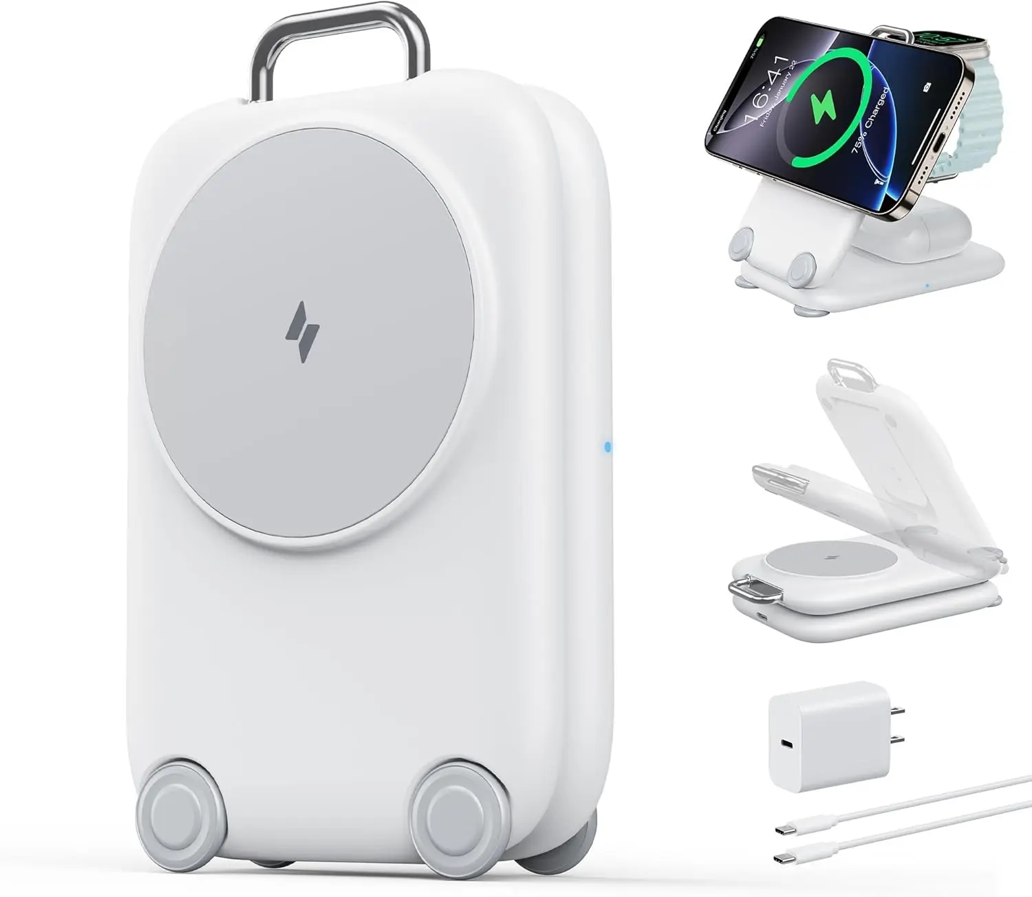 Mukiya Mini Suitcase 3-in-1 Wireless Charger for iPhone, Apple Watch & AirPods — Foldable MagSafe-Compatible Travel Charging Station, Cute Gift for Apple Users