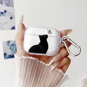 Cat and Butterfly Pattern TPU Soft Protective Case for Apple AirPods 4/3/2/1/Pro/Pro2 Transparent Earphone Cover with Keychain Attachment