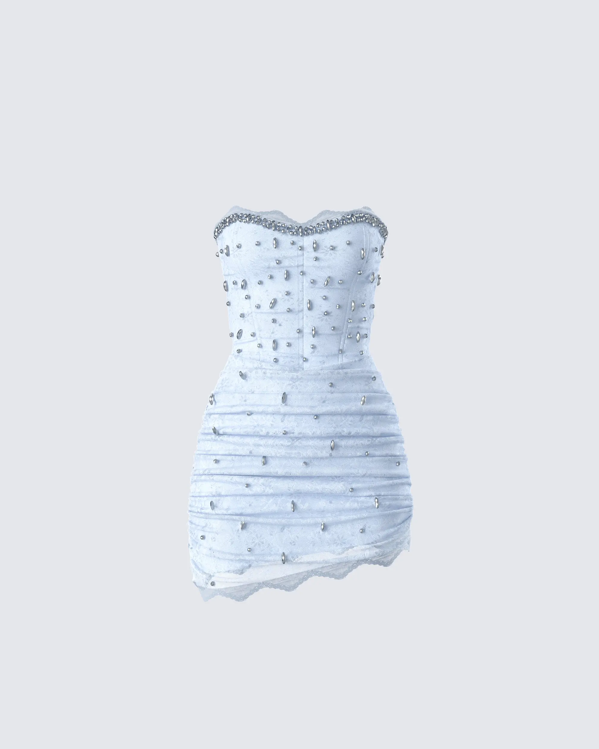 Women's Formal Clarisse Baby Blue Strapless Fitted Corset Dress - Polyester Fabric, Hand-Beaded Rhinestones, Ruched Detail, Back Zipper Closure