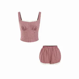 Cider Cotton Square Neck Lace Panel Gingham Top & Mid Rise Bubble Hem Shorts Set