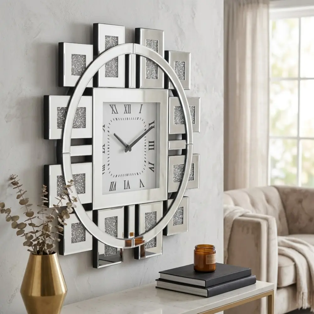 Littleox Wall Clock in Mirrored and Faux GemStones Luxury Glitter Decorative Silent Wall Clock for Living Room Bedroom Entryway Modern Home Decor