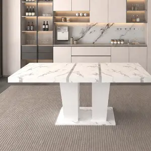 ARCH Extendable Dining Table for 6-10 People Modern White Faux Marble Wooden Expandable Kitchen Table with Dual Column Pedestal Base, Large Rectangle Dining Room Table, Seats 8, 78.74x35.43x29.53 Inches, White Color Options, Particle Board Material