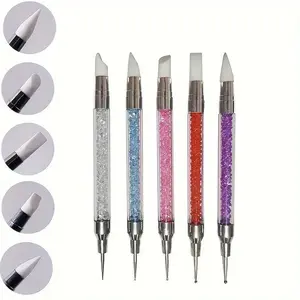 Dual-Heads Silicone Nail Art Sculpture Pen, 5 Counts Dual Tip Nail Art Dotted Dotting Pen with Rhinestone Acrylic Handle, Reusable Quality Nail Art Design Tools for Salon Home DIY, Nail Artistry