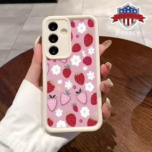 Pink flavored strawberries and flowers Case Compatible with Galaxy S23 Ultra S24 Plus S25 S22+ Plus Shockproof Non Slip Military-Grade Protection Silicone Cover