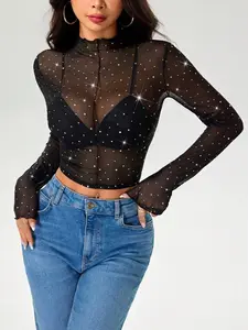 Women's Spring Summer Stand Collar Mesh Transparent Sequin Long Sleeve T-Shirt, Slim Fit Y2K Style, Casual Butterfly Pattern Top